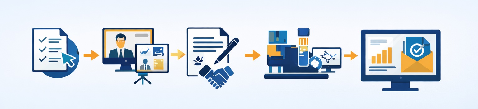 Icons that highlight the process from first contact to data delivery